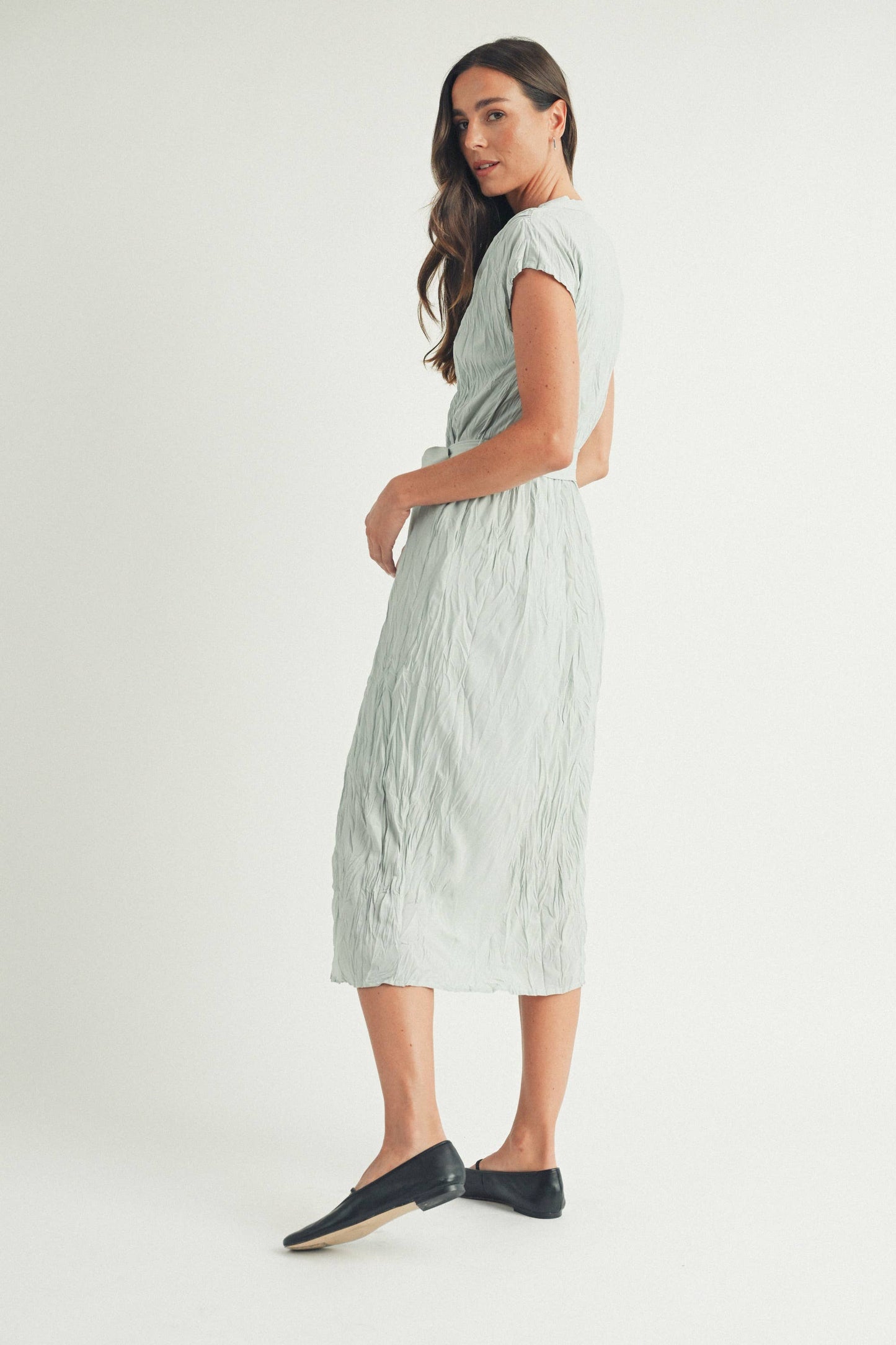 Mint Crinkled Button Up Midi Dress