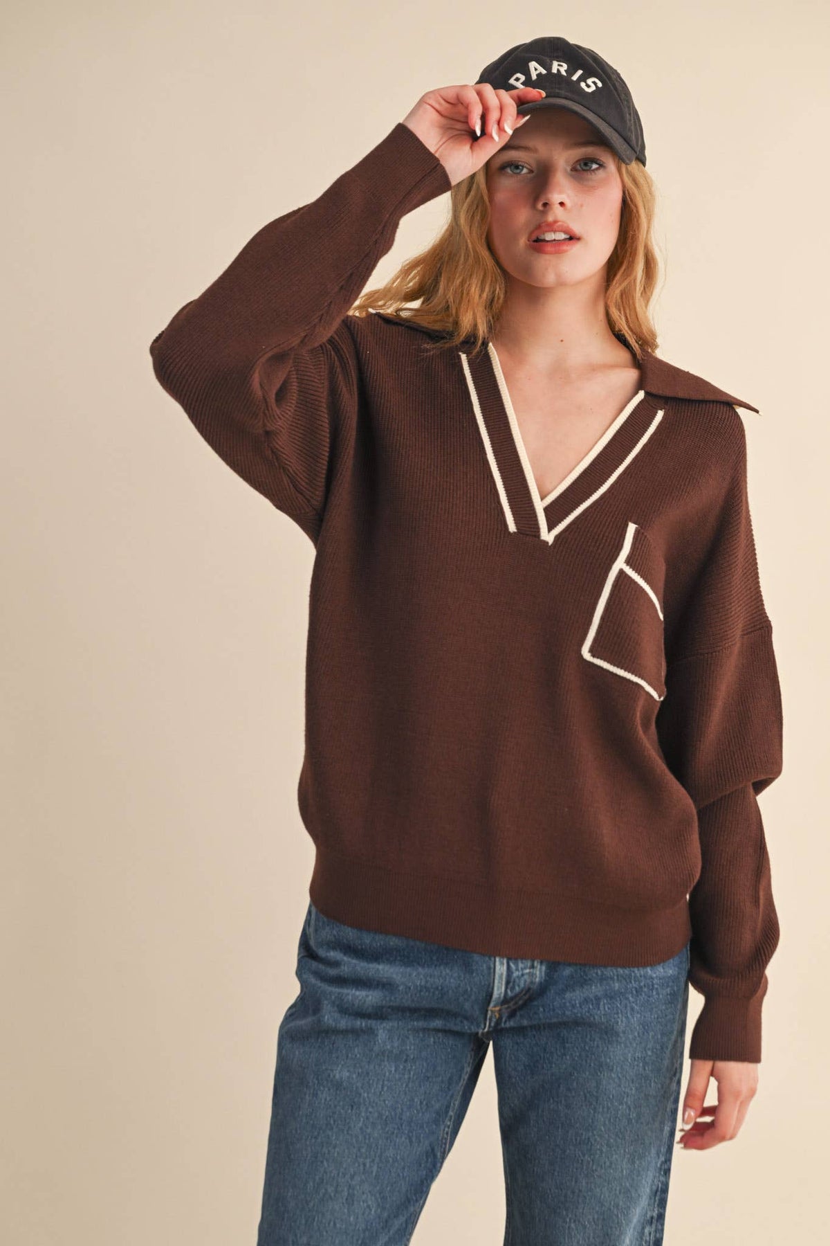 Contrast Color Ribbed Collar Sweater