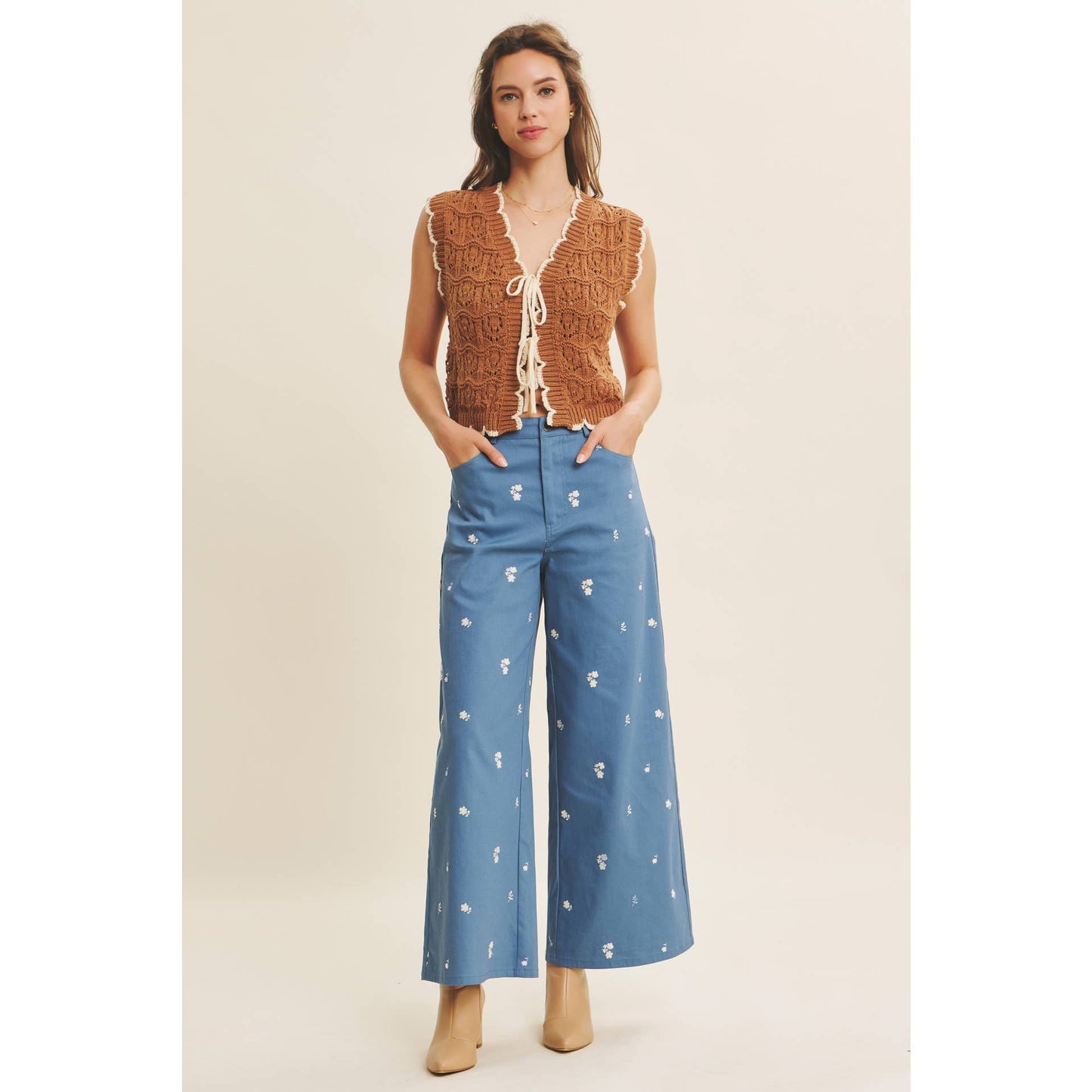 Embroidery Cotton Span Wide Leg Pants
