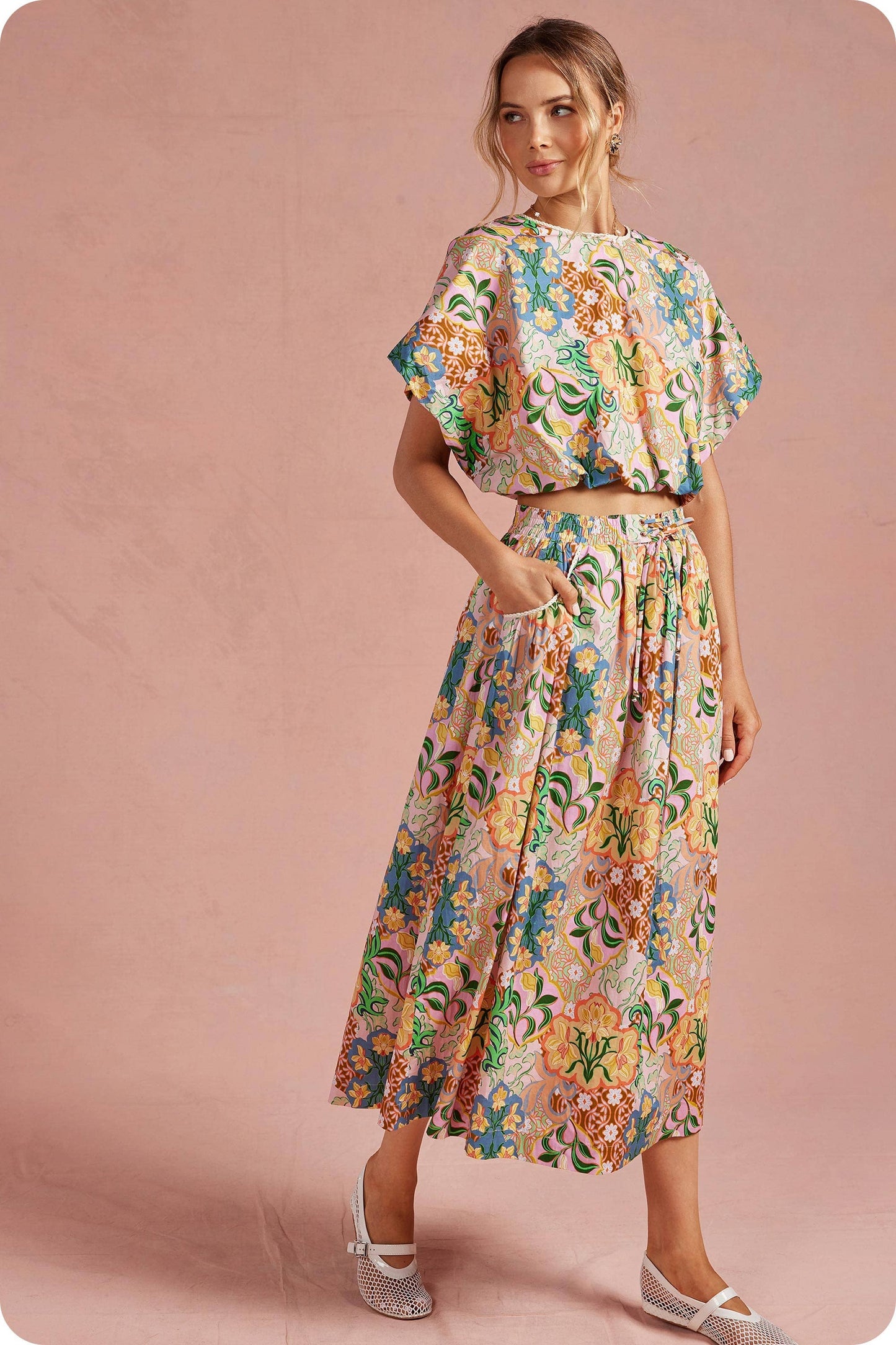 Garden Party Crochet Trim 2-piece Midi Skirt Set