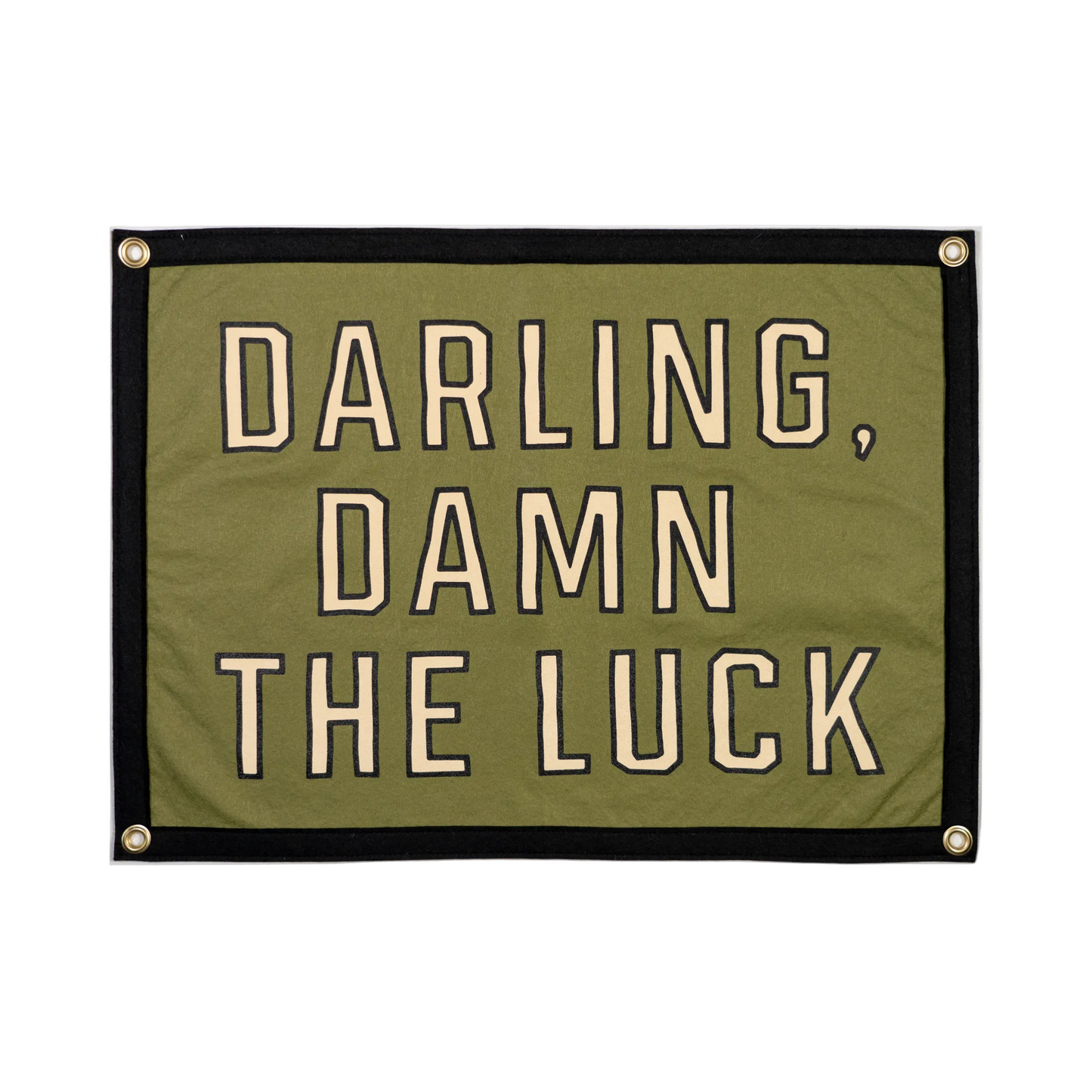 Green banner with text 'Darling, damn the luck' on a white background