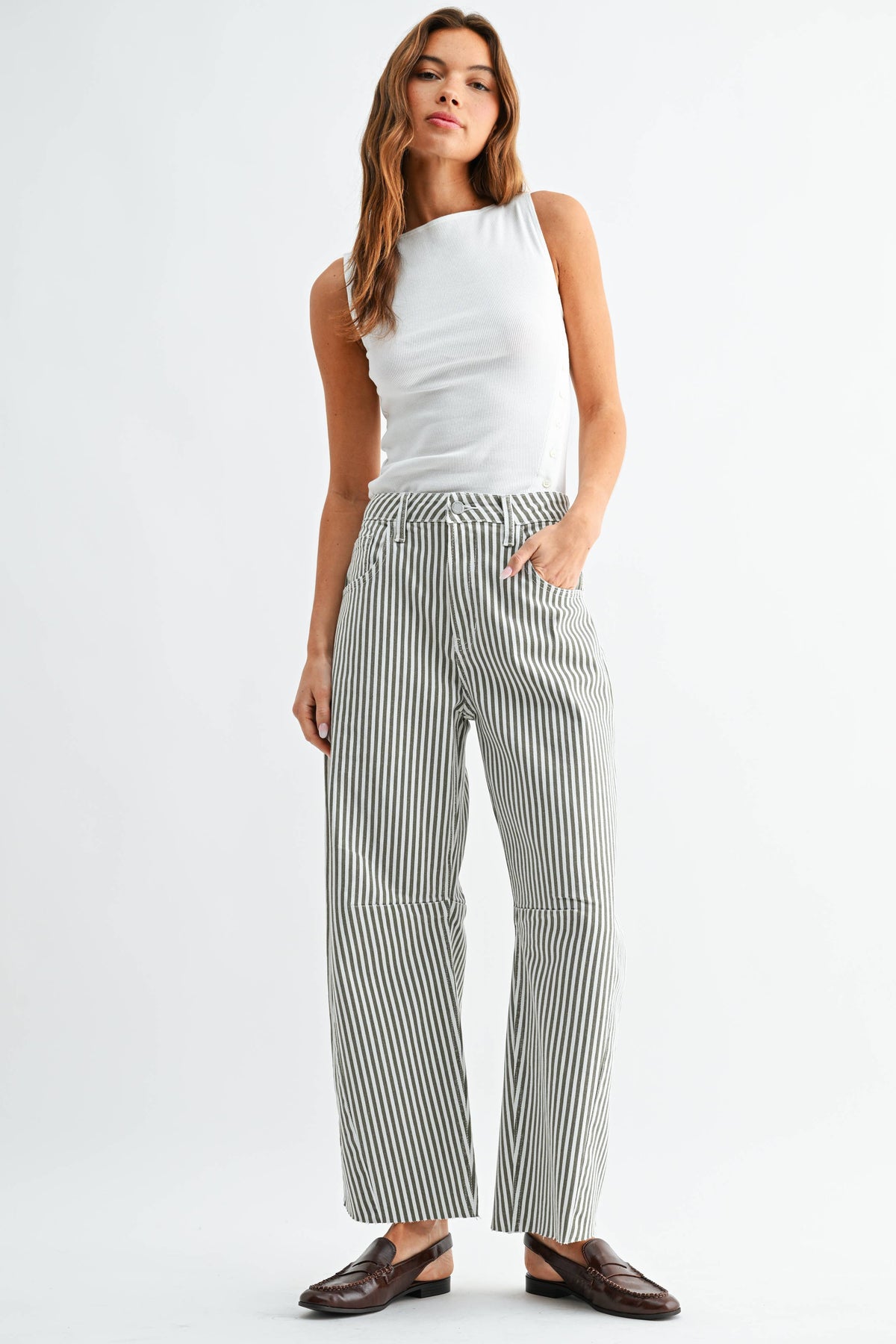 Olive Stripe Raw Hem Barrel Jean - Just Black Denim