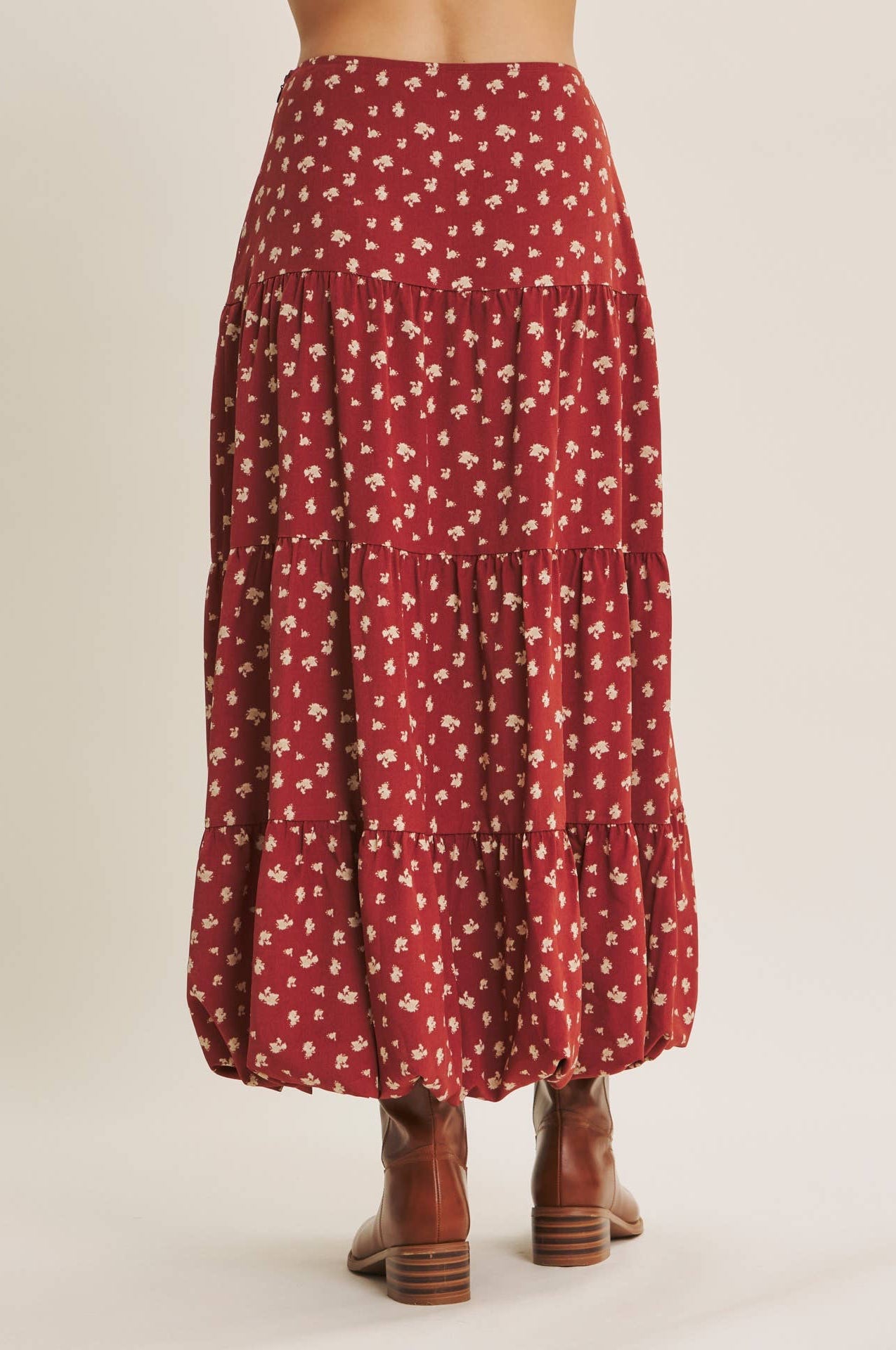 Floral Bubble Hem Tiered Midi Skirt