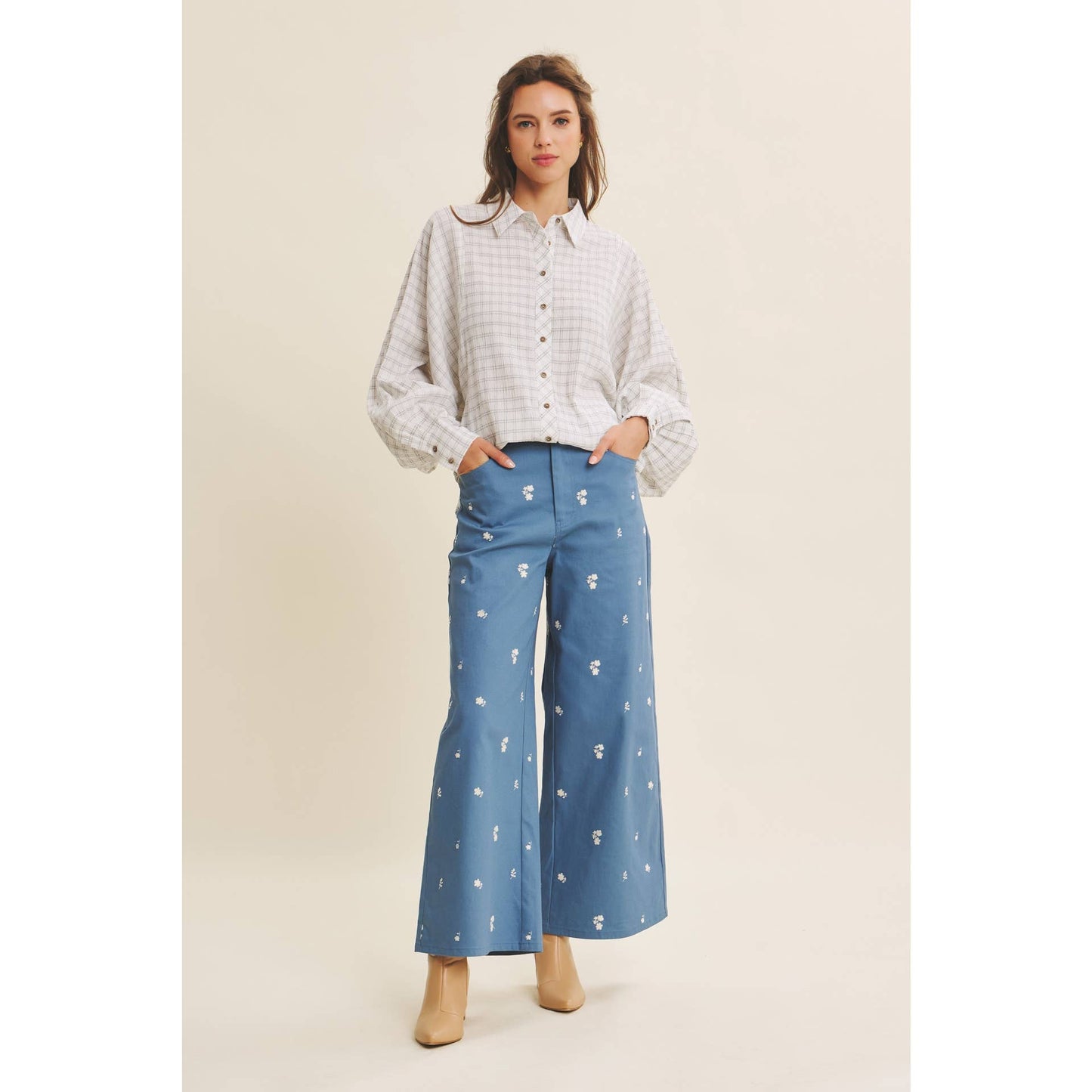 Embroidery Cotton Span Wide Leg Pants