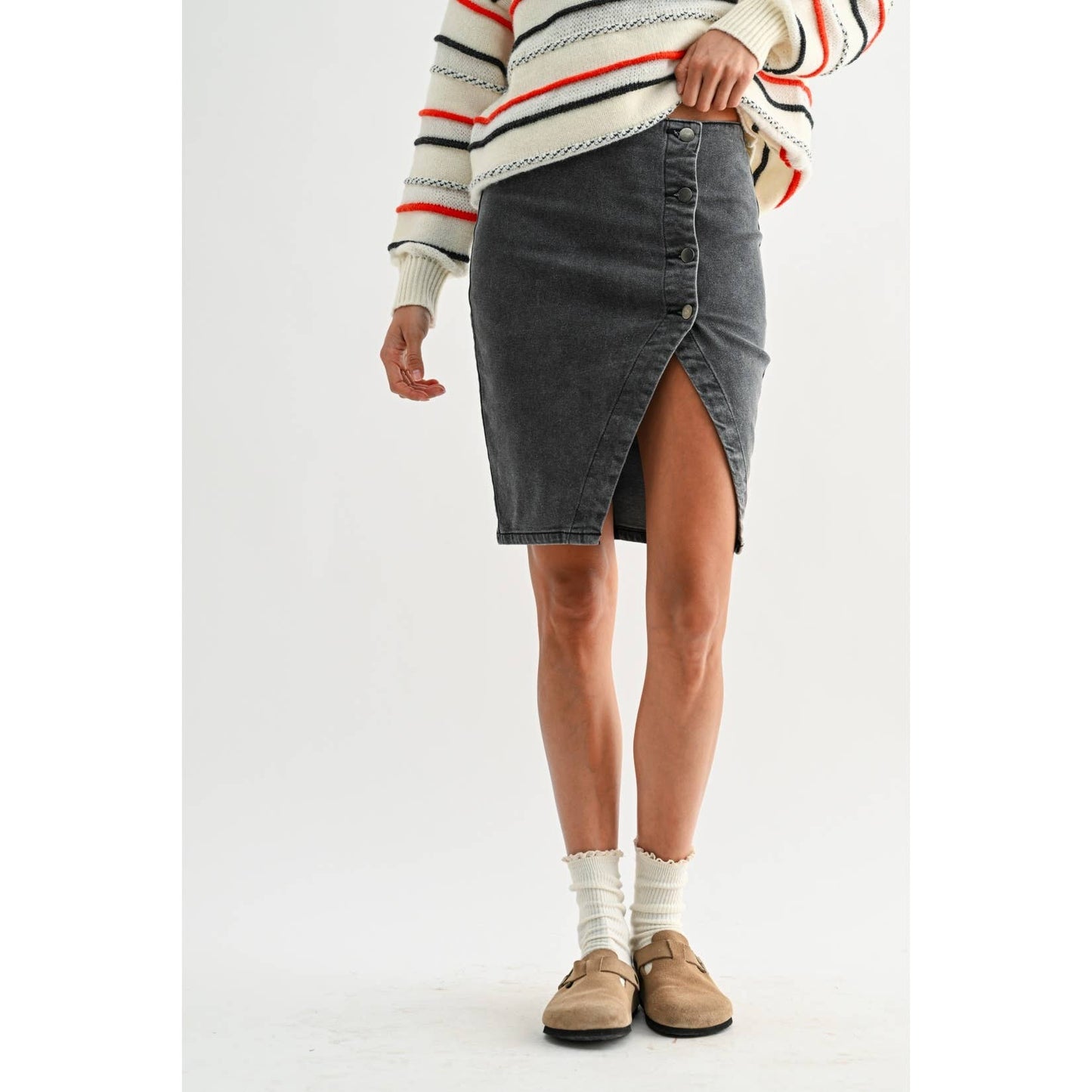 Washed Dark Grey Button Denim Skirt