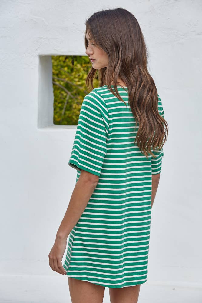 Woven Cotton Striped Short Sleeve Round Neck Mini