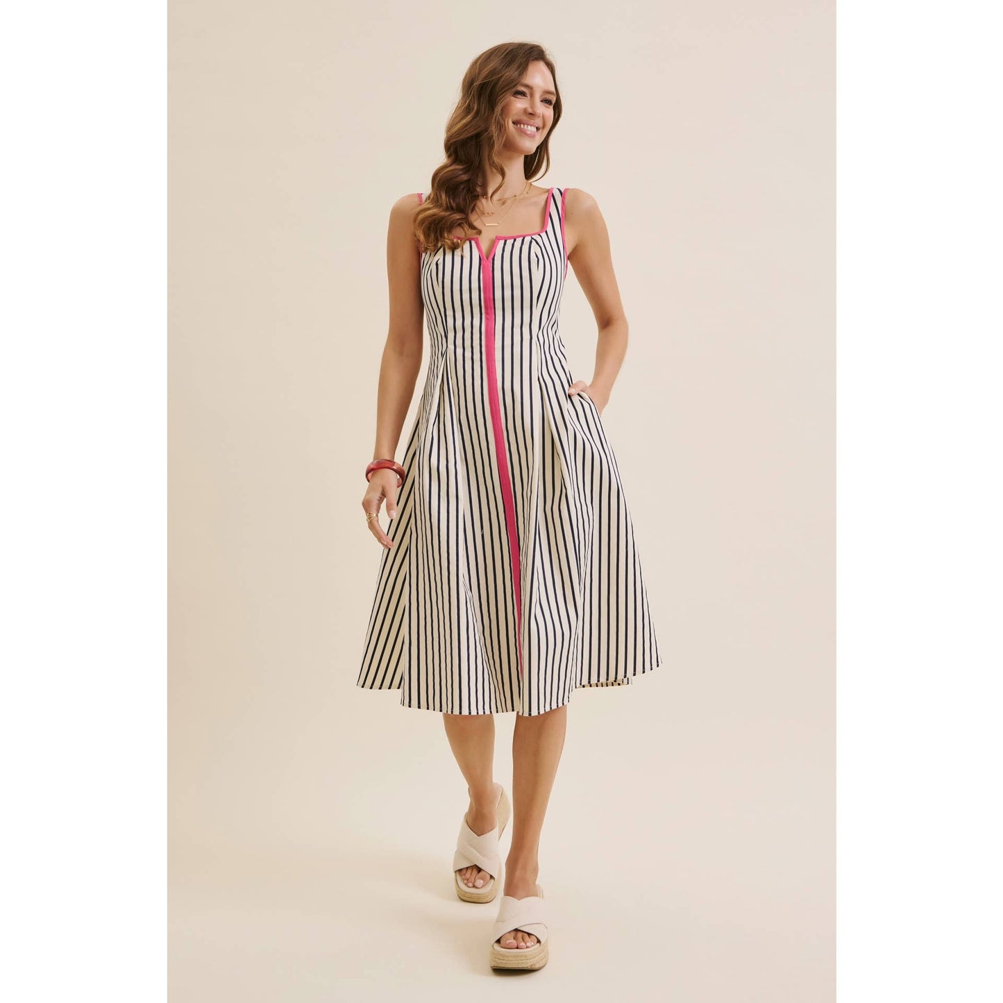STRIPE PREPPY FIT-AND-FLARE MIDI WITH BOLD PINK CONTRAST