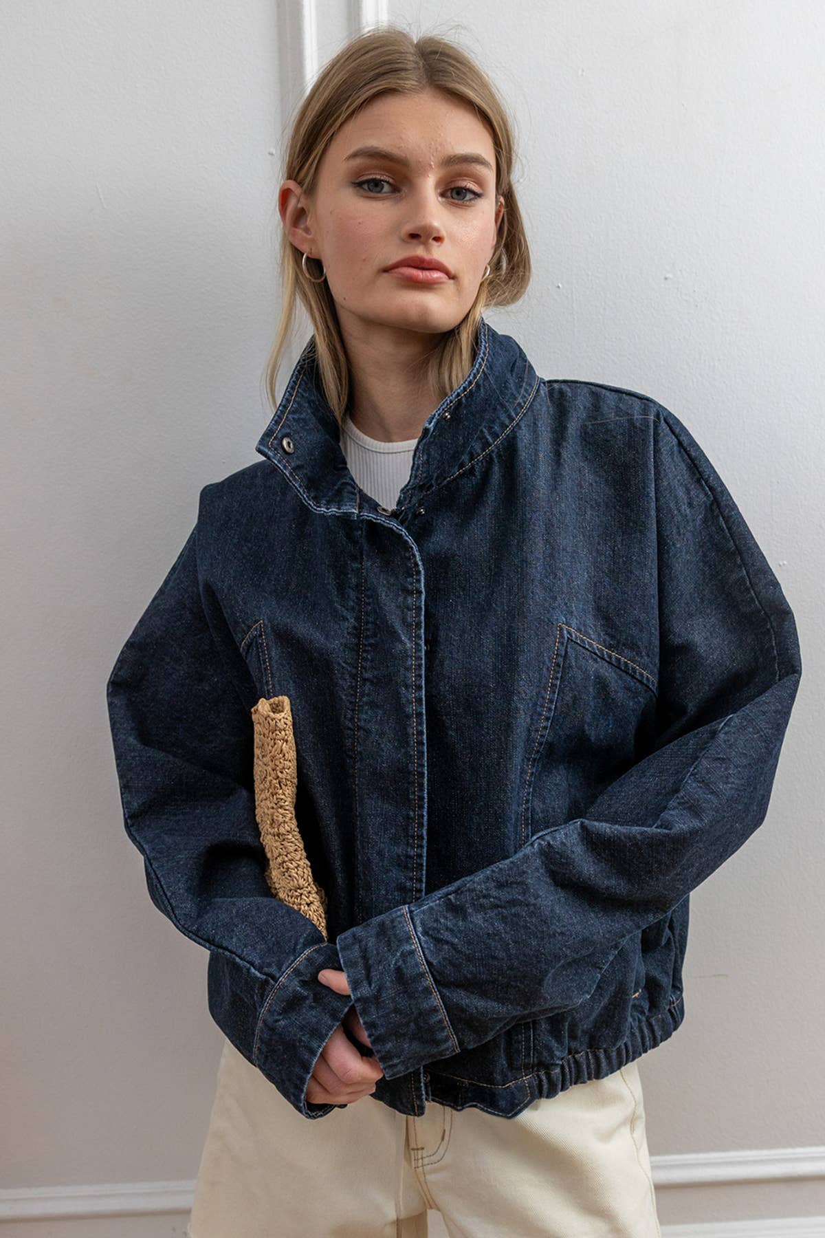 High Neck Funnel Denim Dark Wash Jacket
