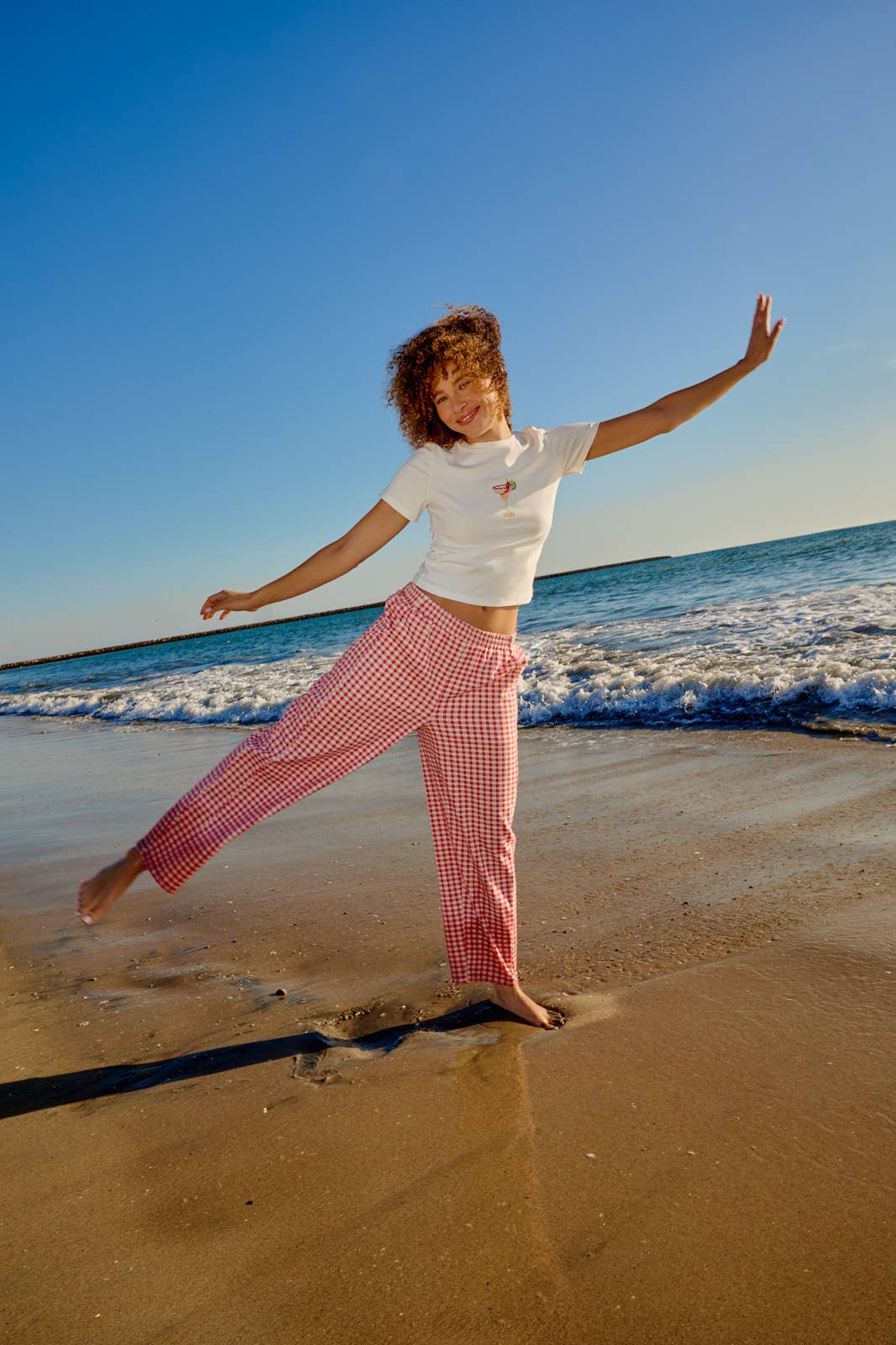 Red Gingham Printed Barrel Twill Pants