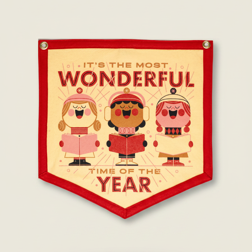 Decorative banner with cartoon characters and text 'It's the most wonderful time of the year' on a white background.
