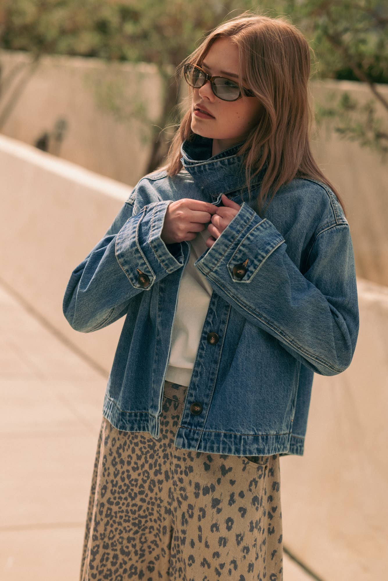 High Collar Funnel Neck Light Wash Denim Jacket