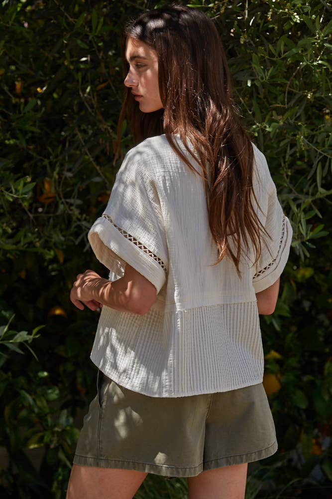 Woven Cotton Boat Neck Short Sleeve Top