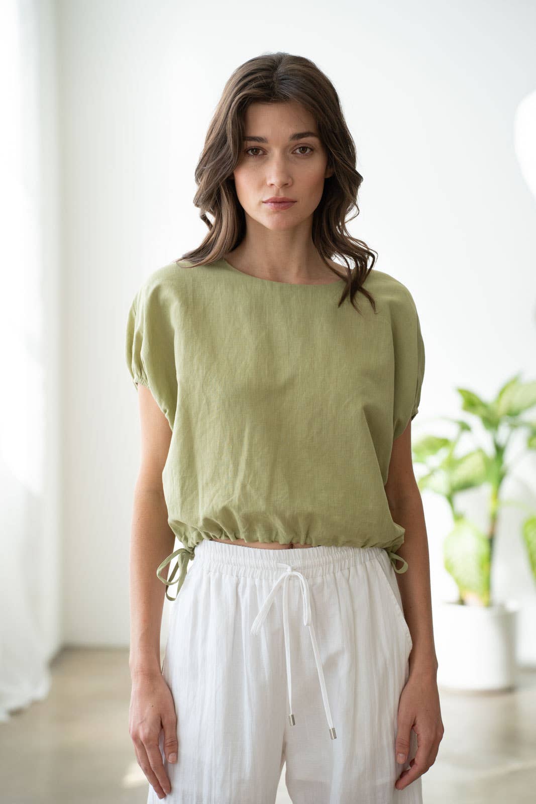 Elasticized Cap Sleeve Linen Top