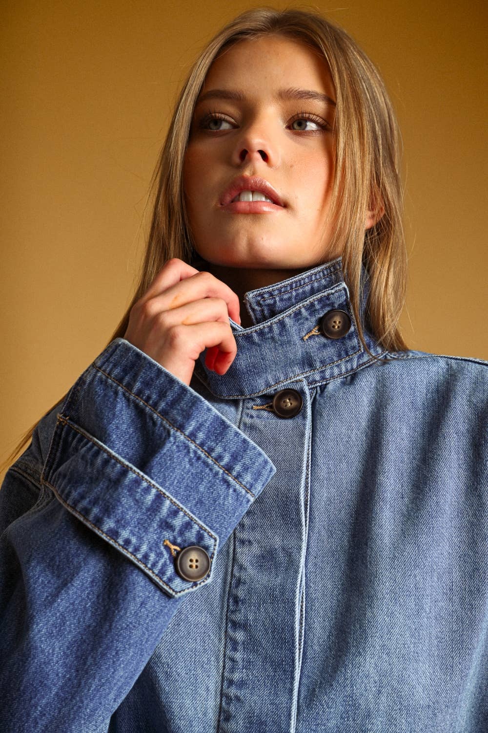 High Collar Funnel Neck Light Wash Denim Jacket