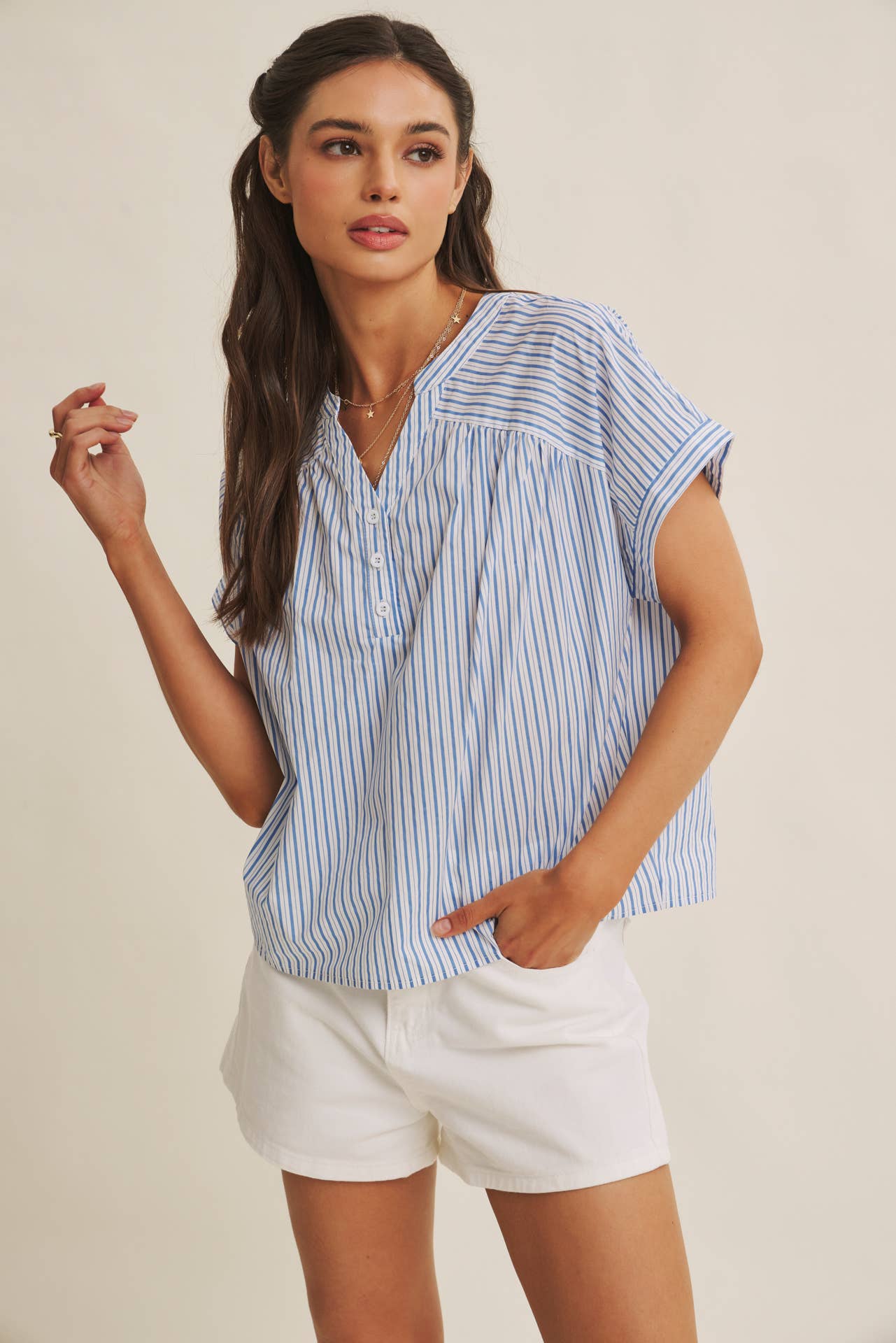 HARBOR MORNING CANDY STRIPE DROP SHOULDER BLOUSE TOP