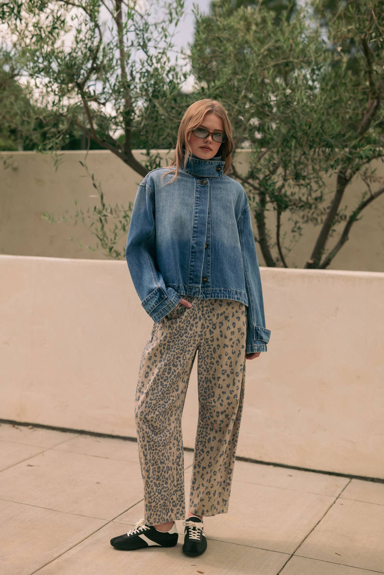 High Collar Funnel Neck Light Wash Denim Jacket