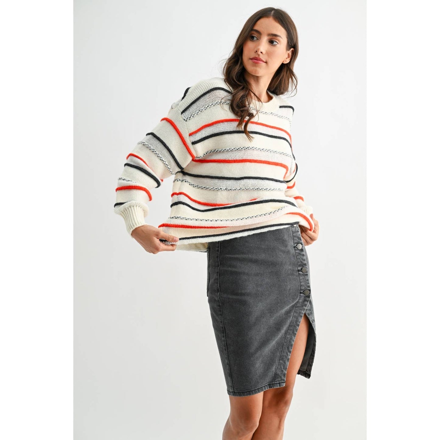 Washed Dark Grey Button Denim Skirt
