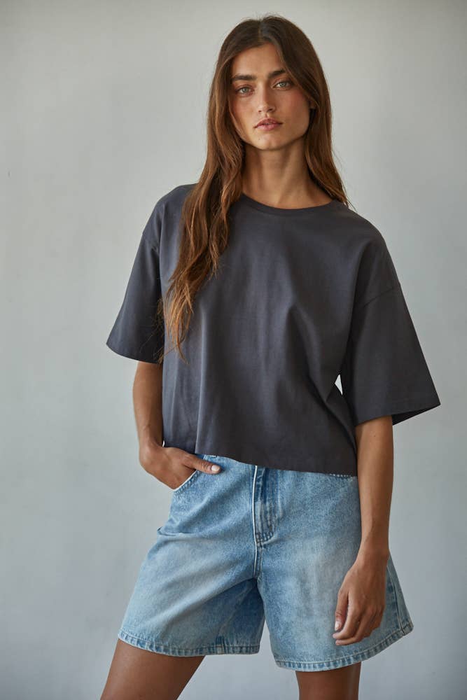 Knit Cotton Crew Neck Drop Shoulder Short Sleeve Top