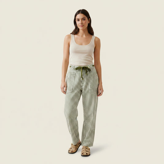 Olive Striped Barrel Jeans with Eyelet Waist