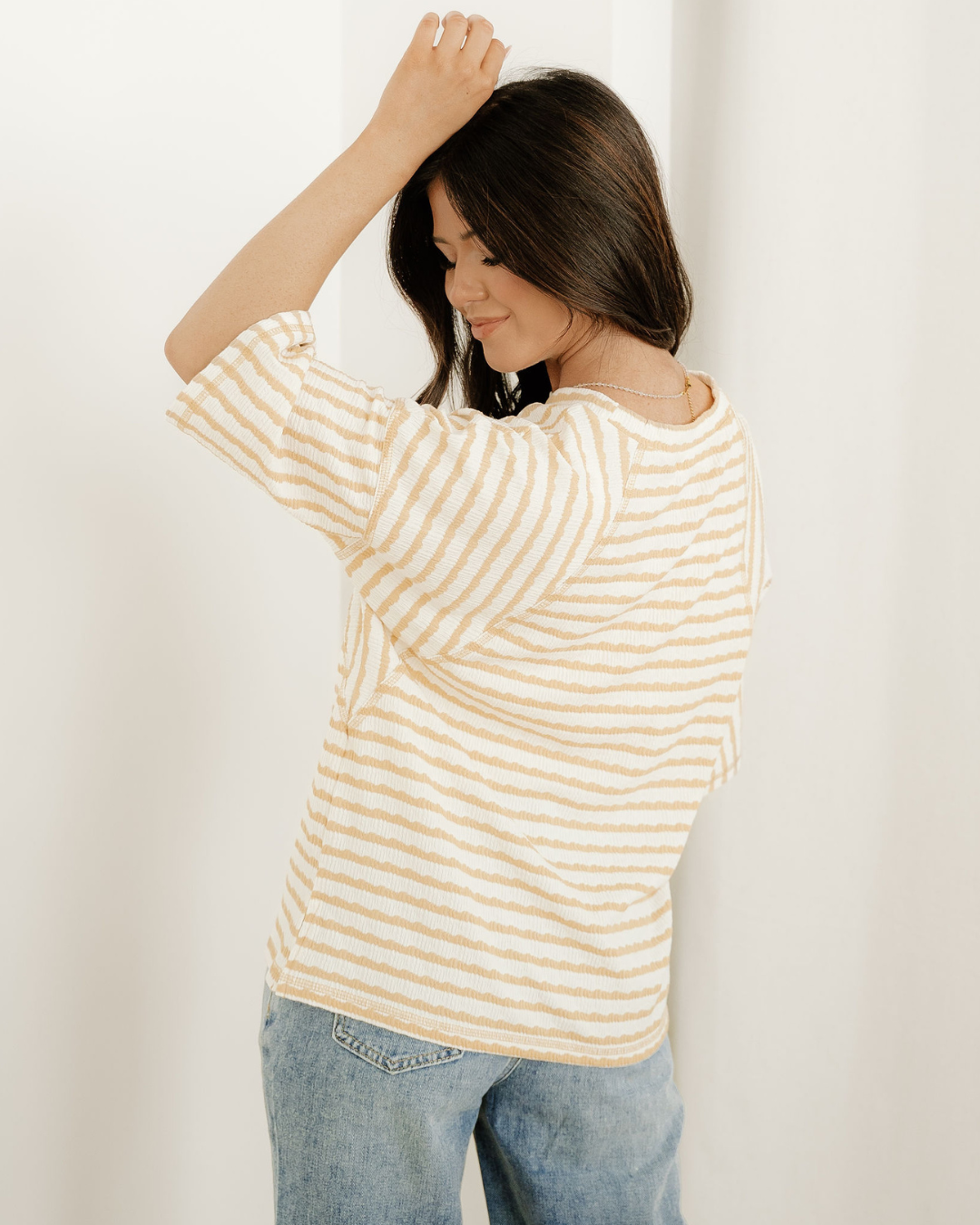 Noelle Textured Knit Top-Apricot | Stripe Tee |Split Hem Tee