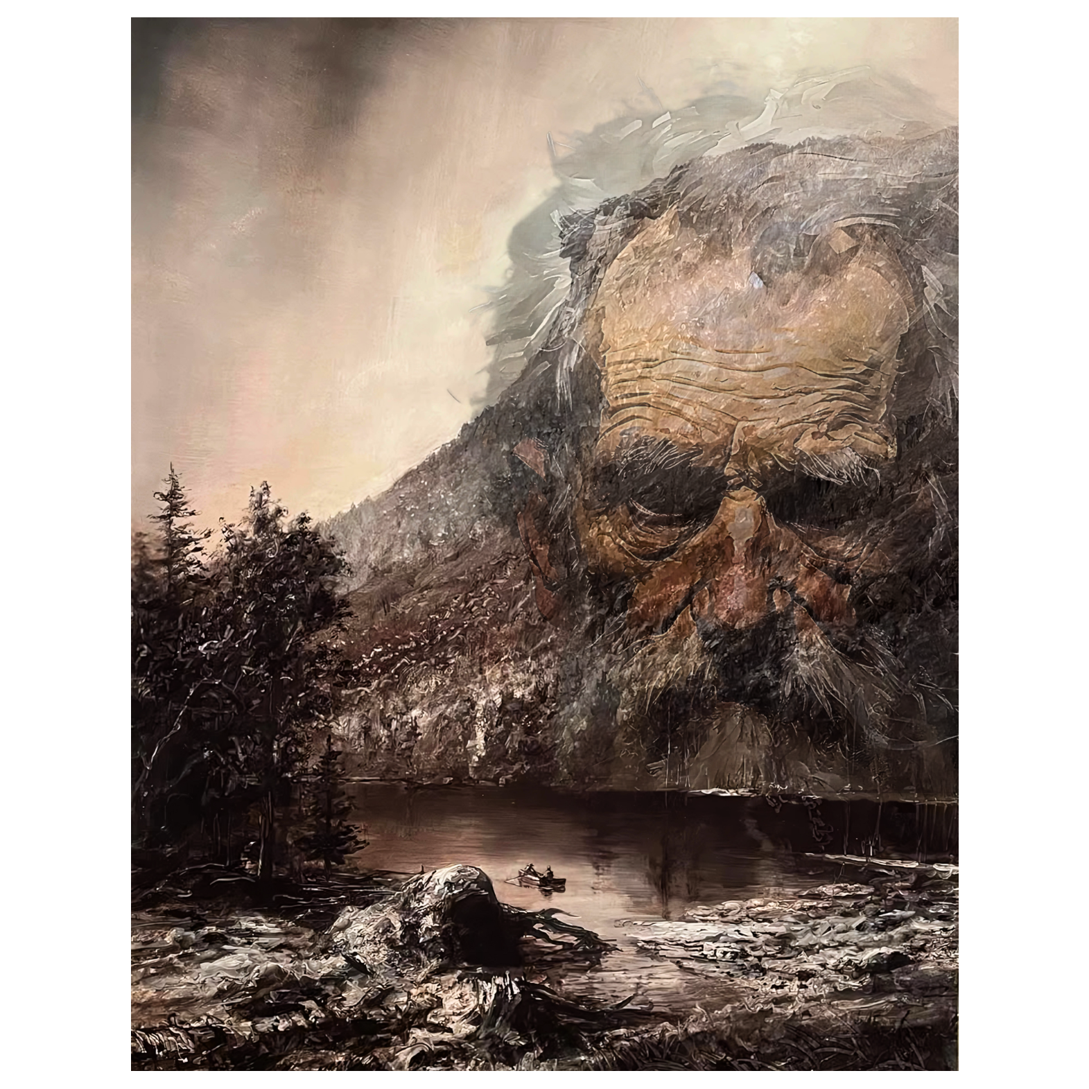 Majestic mountain landscape with a large stone face emerging from mist
