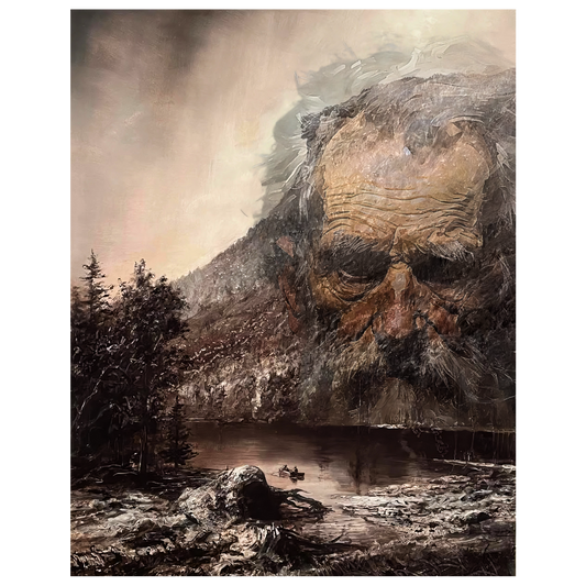 Majestic mountain landscape with a large stone face emerging from mist