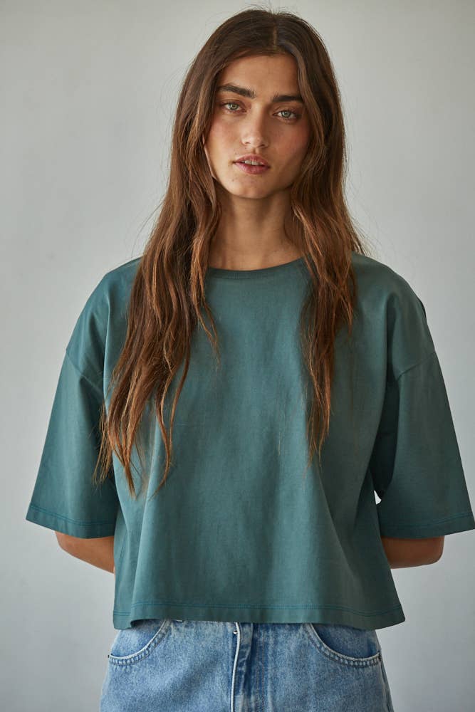 Knit Cotton Crew Neck Drop Shoulder Short Sleeve Top