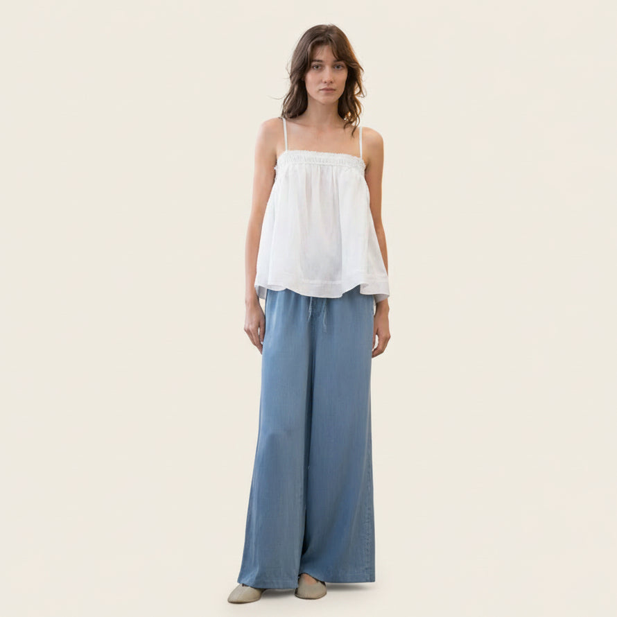 Chambray Elastic Waist Wide Leg Pants