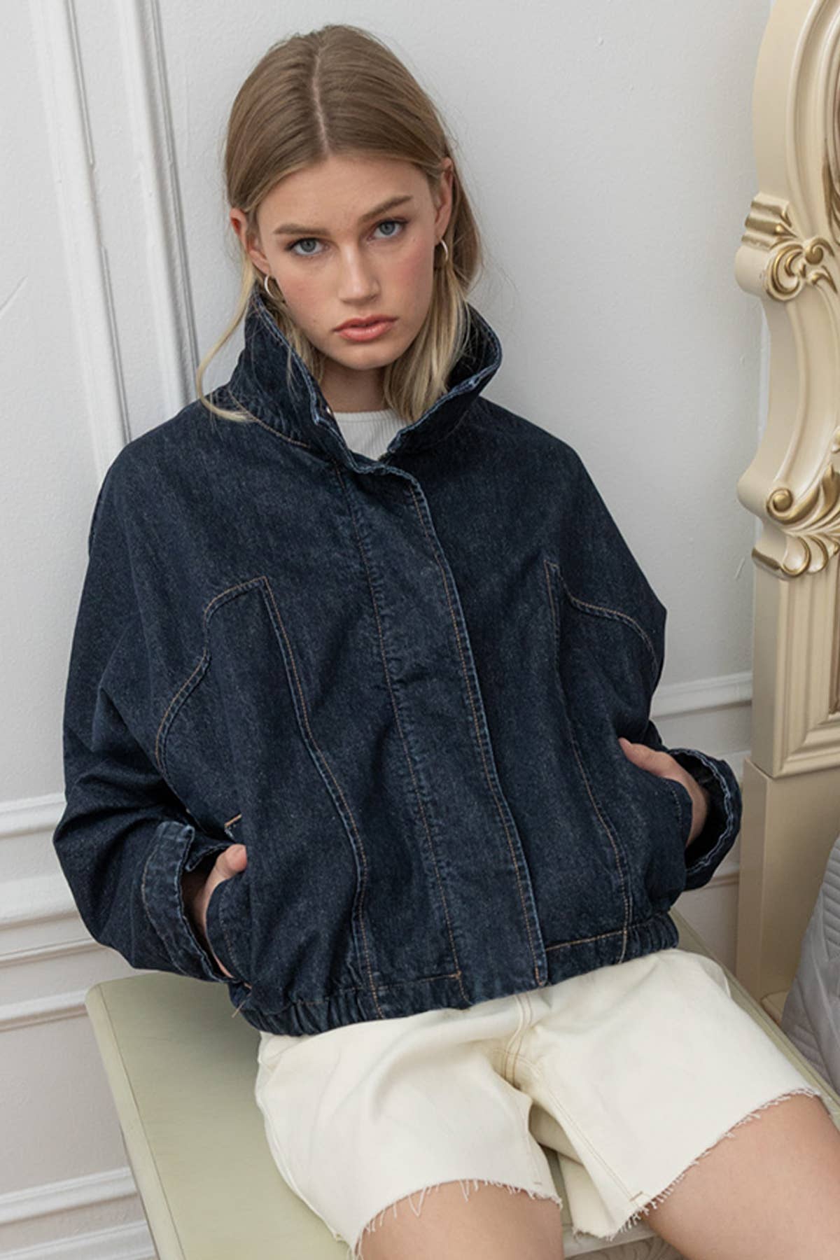 High Neck Funnel Denim Dark Wash Jacket