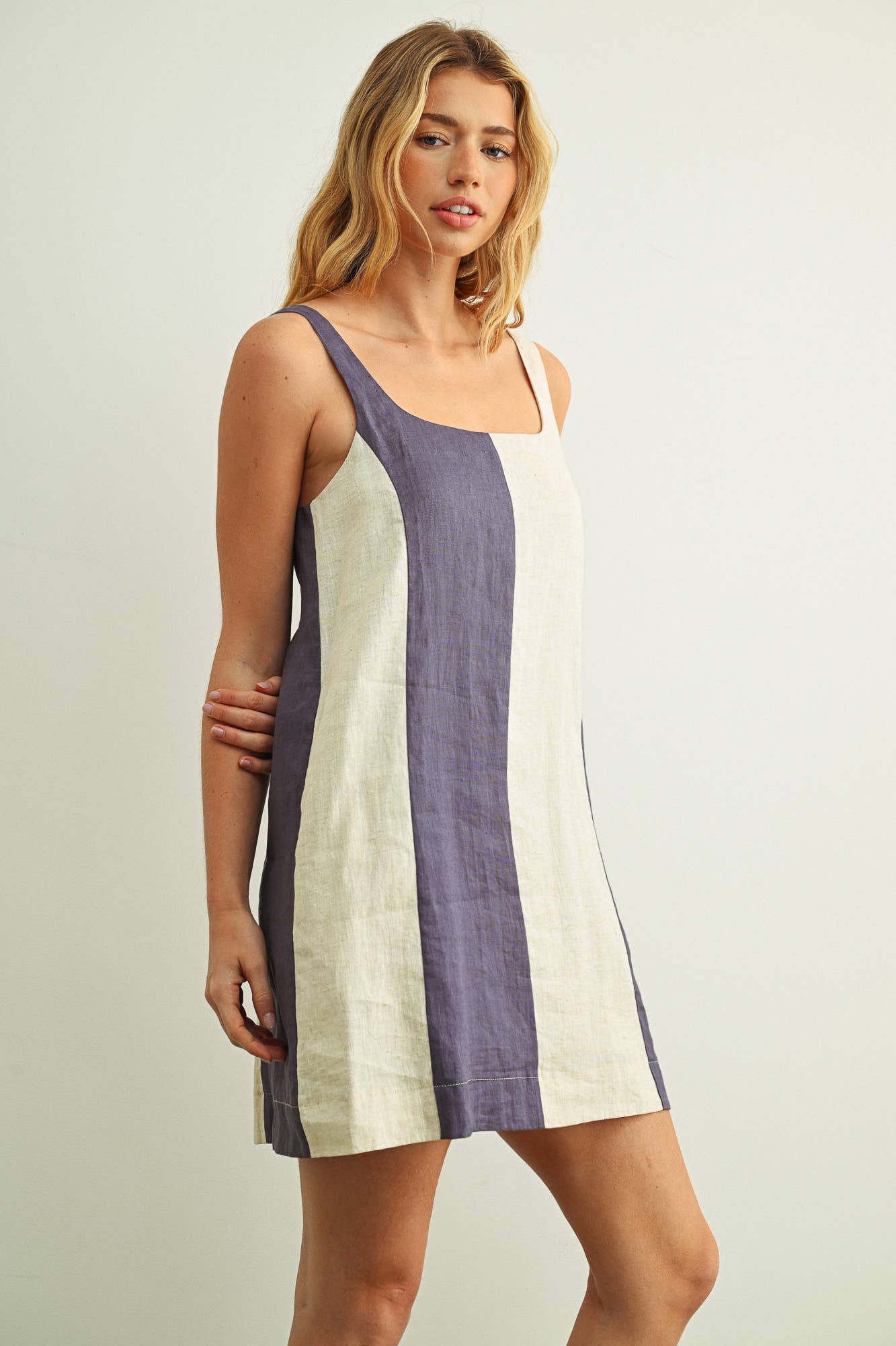 COLOR BLOCK LINEN MINI DRESS