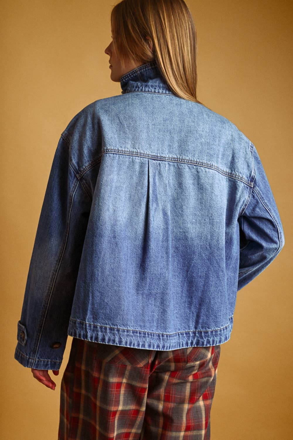 High Collar Funnel Neck Light Wash Denim Jacket