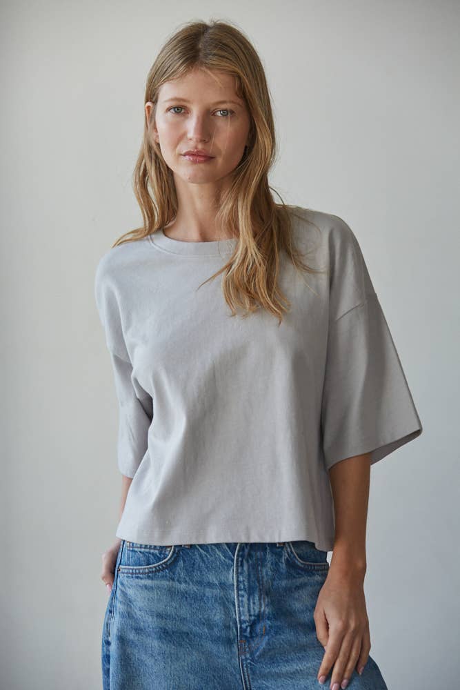 Knit Cotton Crew Neck Drop Shoulder Short Sleeve Top