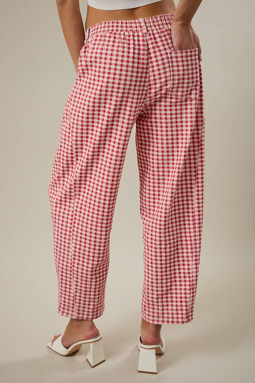 Red Gingham Printed Barrel Twill Pants