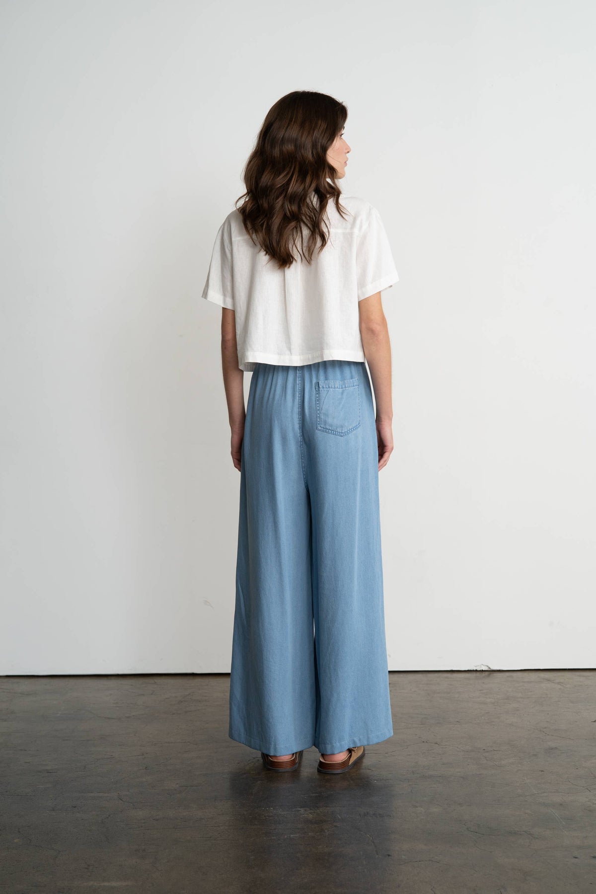 Chambray Elastic Waist Wide Leg Pants