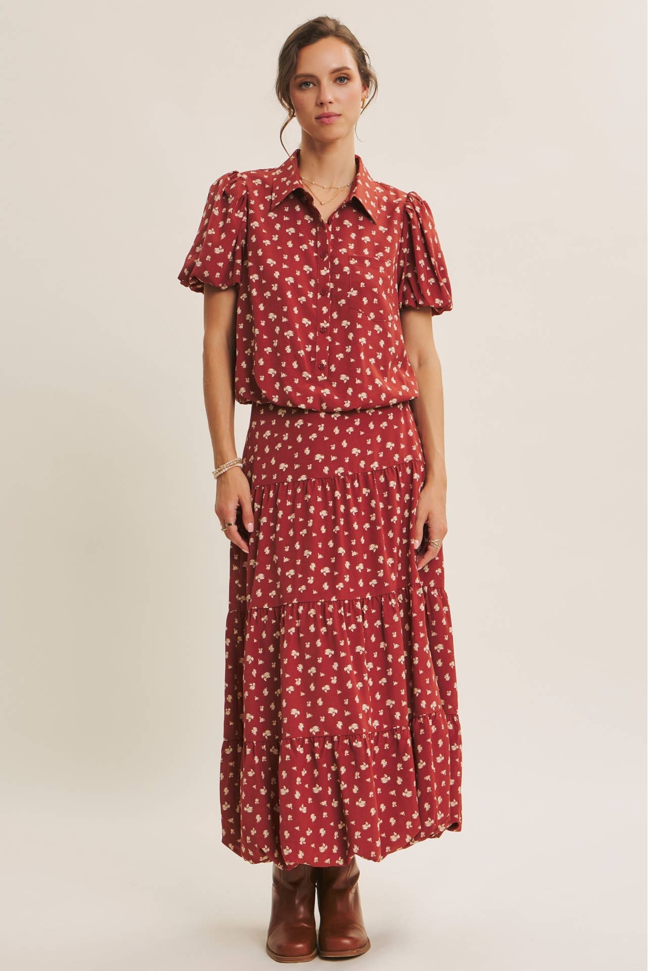 Floral Bubble Hem Tiered Midi Skirt