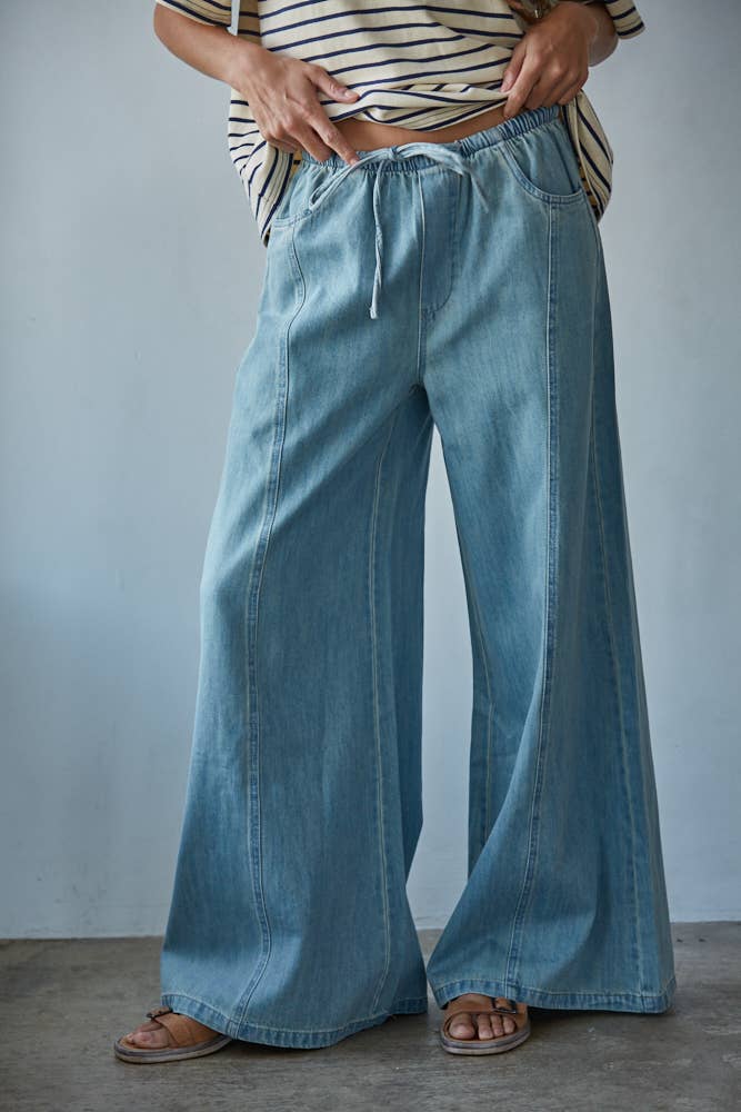 Woven Cotton Denim Wide Leg Pants With Pockets