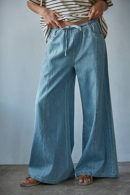 Woven Cotton Denim Wide Leg Pants With Pockets