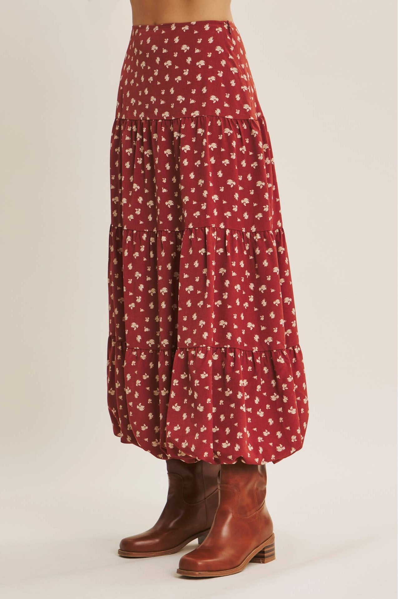 Floral Bubble Hem Tiered Midi Skirt