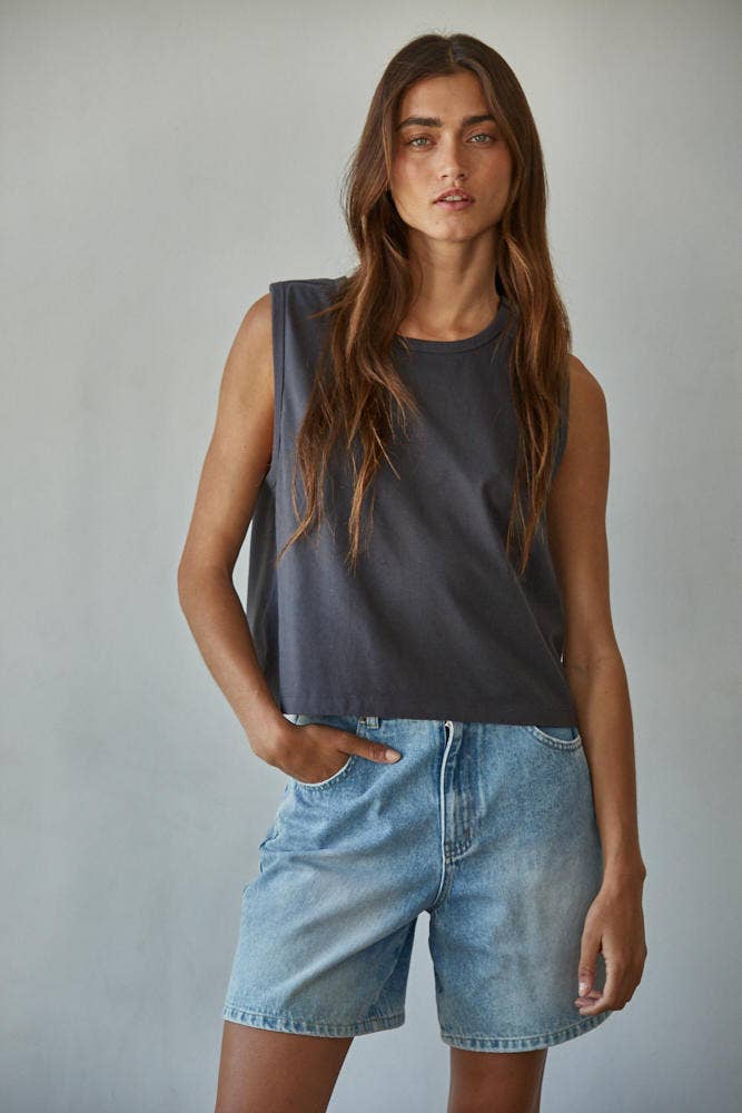 Knit Cotton Crew Neck Sleeveless Crop Top
