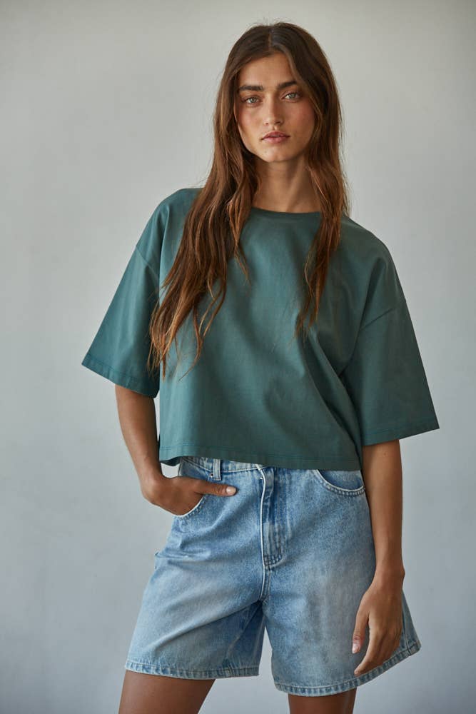 Knit Cotton Crew Neck Drop Shoulder Short Sleeve Top