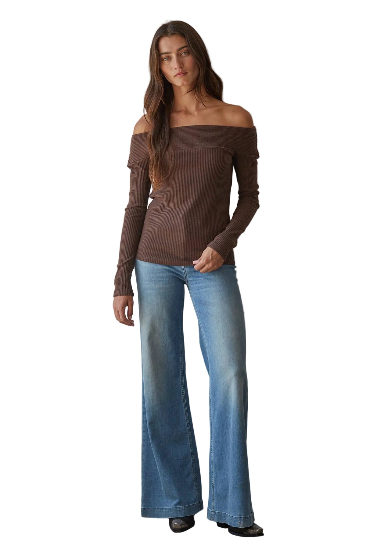 Brown Off Shoulder Long Sleeve Top
