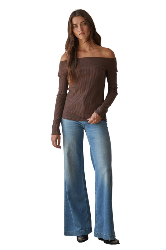 Brown Off Shoulder Long Sleeve Top