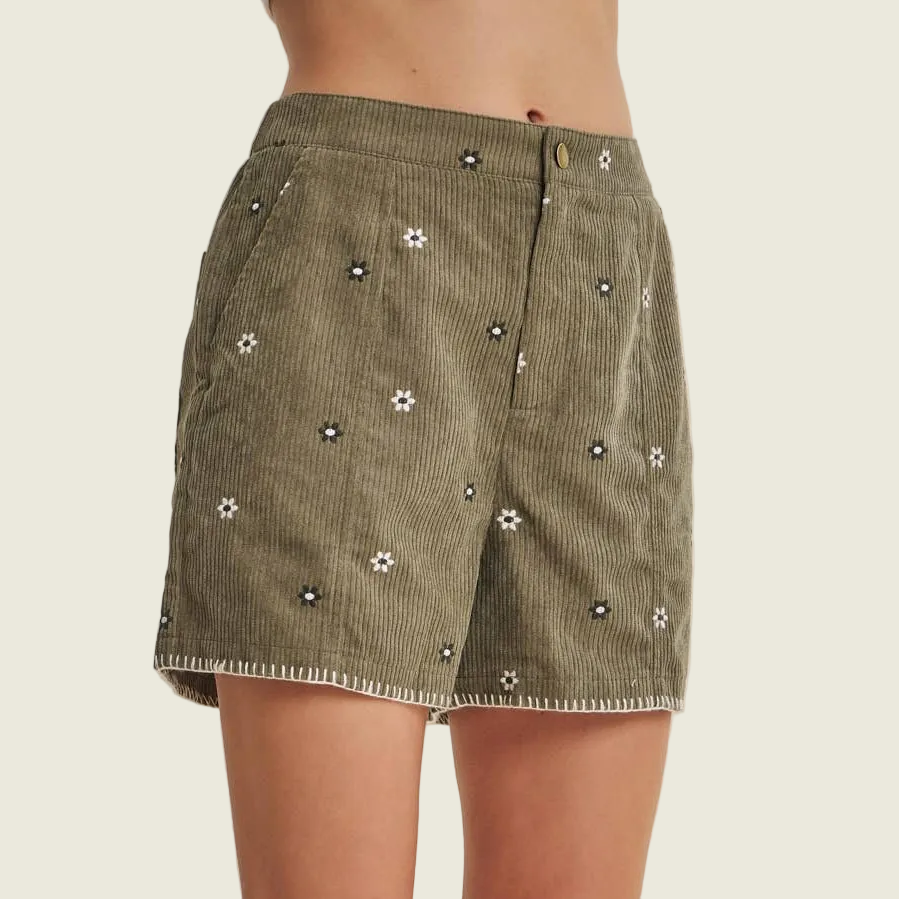 Daisy Embroidered Corduroy Shorts