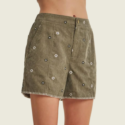 Daisy Embroidered Corduroy Shorts