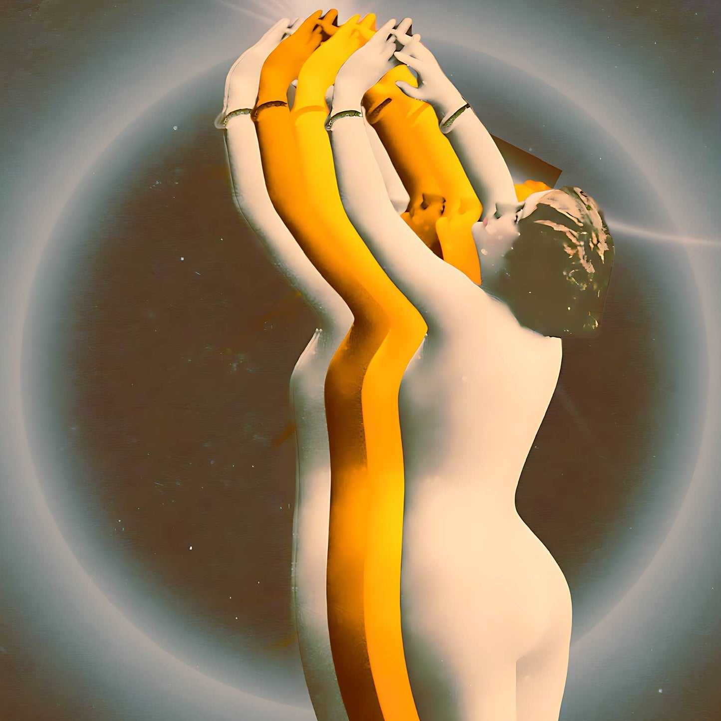 This image features a vintage-inspired collage titled "Eclipse Of My Heart" by Matt Clark. It depicts a striking visual of a female figure, portrayed in a monochromatic palette with shades of yellow and white, reaching upwards towards a stylized sun or moon.
