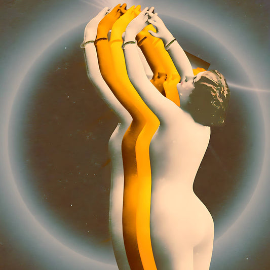 This image features a vintage-inspired collage titled "Eclipse Of My Heart" by Matt Clark. It depicts a striking visual of a female figure, portrayed in a monochromatic palette with shades of yellow and white, reaching upwards towards a stylized sun or moon.