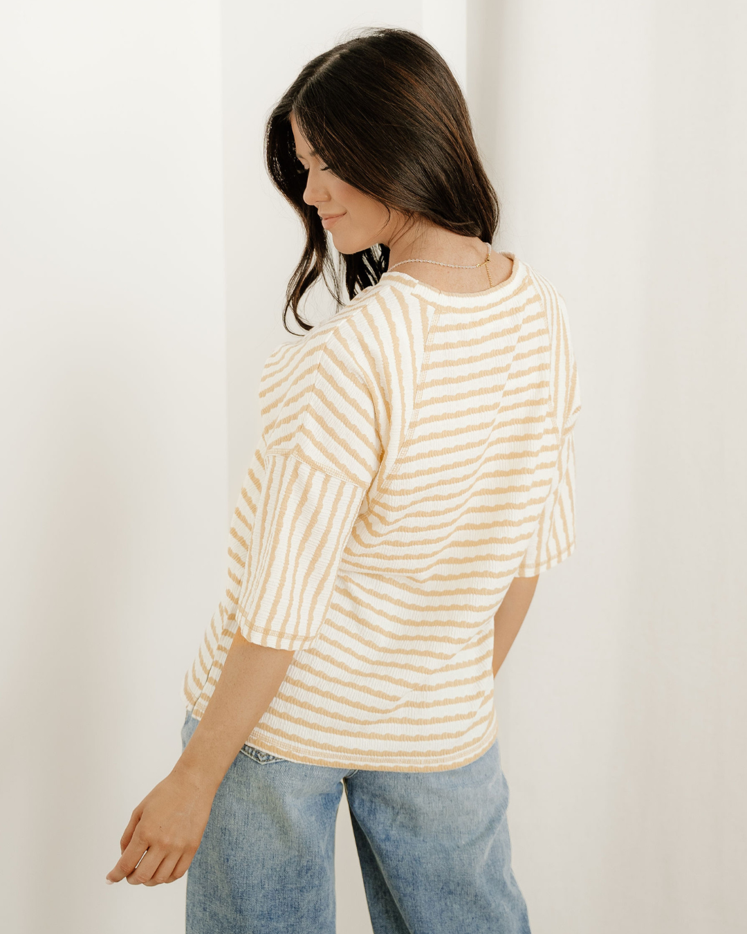 Noelle Textured Knit Top-Apricot | Stripe Tee |Split Hem Tee