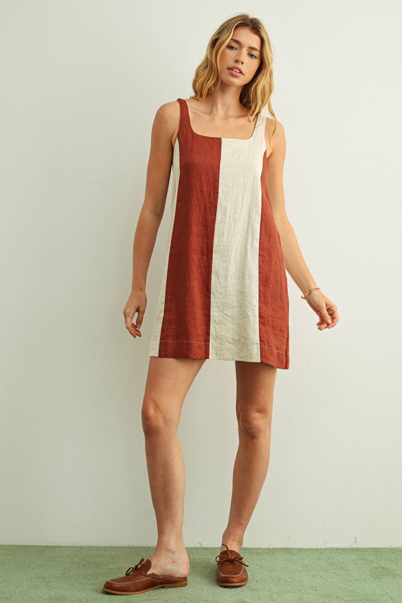 COLOR BLOCK LINEN MINI DRESS