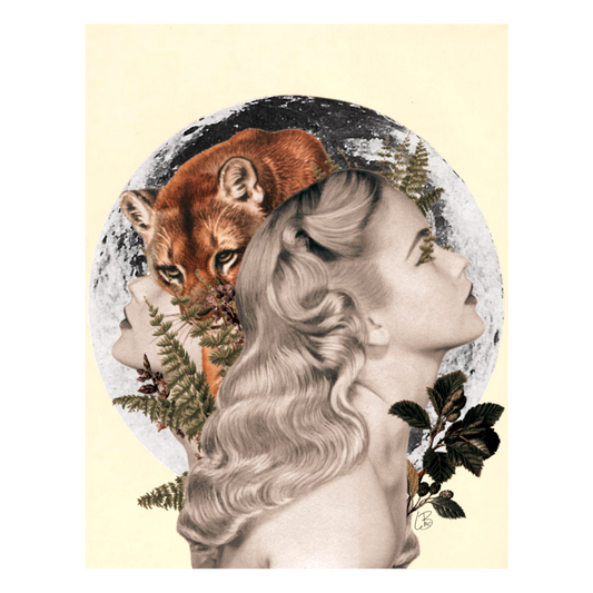 A vintage inspired art print featuring a stylized illustration of a human face with a wolf's head replacing the nose, set against a background with moon and foliage motifs.