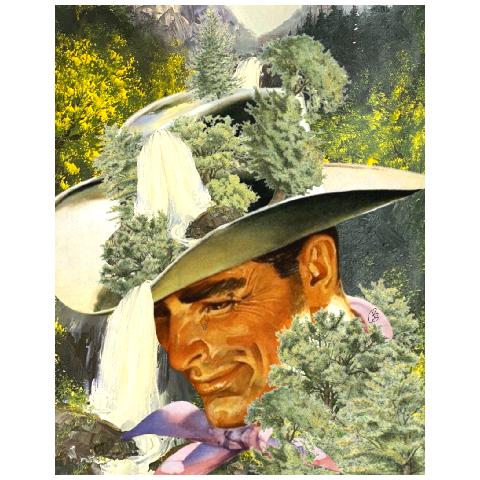 A vintage inspired collage wall art featuring a surreal image of a cowboy with a hat, superimposed on a natural landscape with trees and mountains.